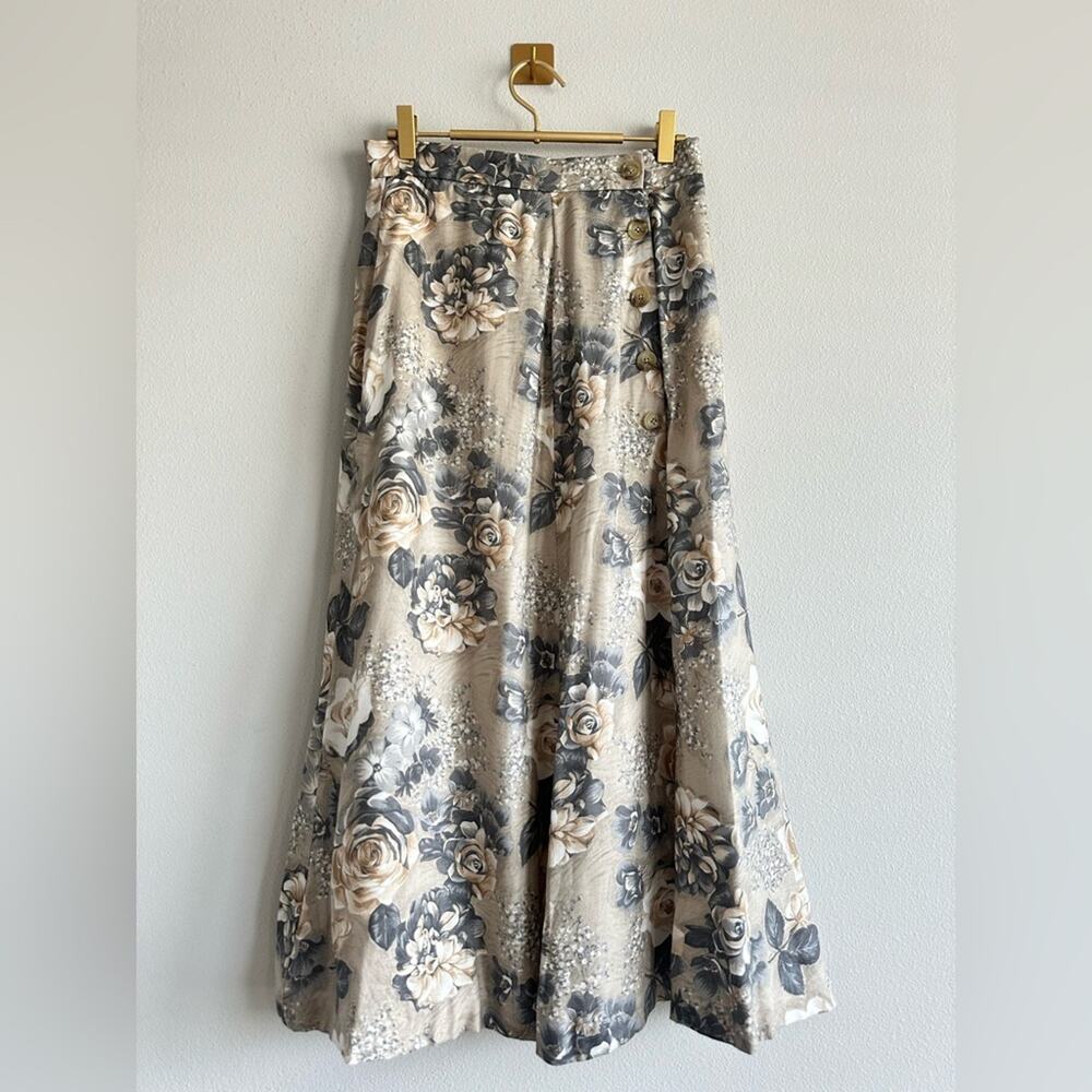 Vintage 90s Floral Midi Skirt Cottagecore Button Front Rayon Skirt Size 8